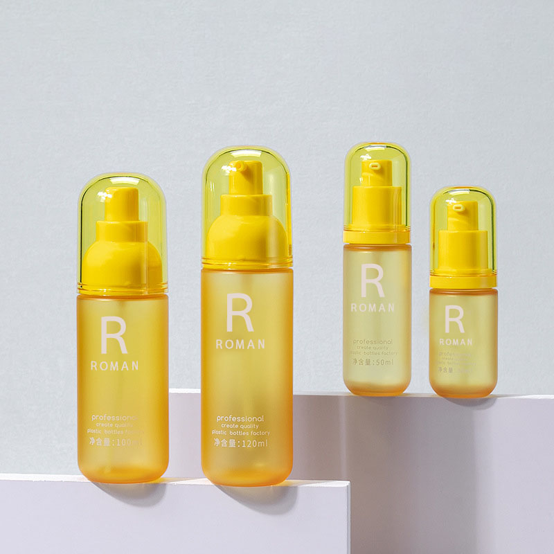 30ml 50ml 100ml 120ml Pet żółty butelka do demakijażu płyn do mycia twarzy okrągła prasa butelka z kremem do ciała 3,5 uncji plastikowa butelka na balsam