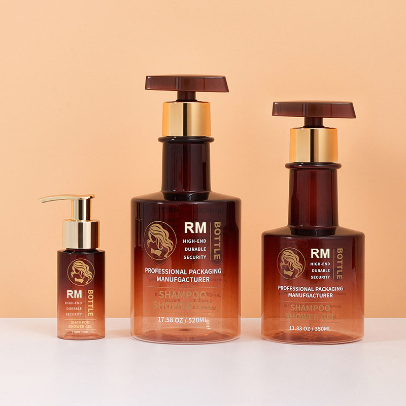 Bezpłatna próbka Bursztynowo-czarno-złota butelka na szampon z długą szyją Pusta butelka do mycia rąk Plastikowe butelki z pompką do balsamu do ciała 300 ml 500 ml