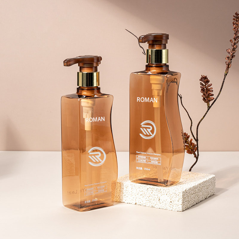 Niezawodna 350 ml 500 ml Zakrzywiona, bursztynowa, plastikowa, pusta butelka na balsam do ciała z pompką do pielęgnacji włosów, szamponu, odżywki lub kremu do twarzy